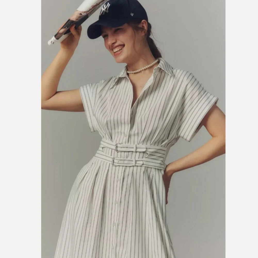 Anthropologie The Tobie Double Buckle Shirt Dress by Exquise Pinstripe M NWT - Picture 2 of 8